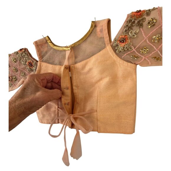 Girls Handmade Beaded Choli Top 45 cm / US 4-5 Peach/Flesh Embroider Mesh Ethnic - Picture 6 of 9
